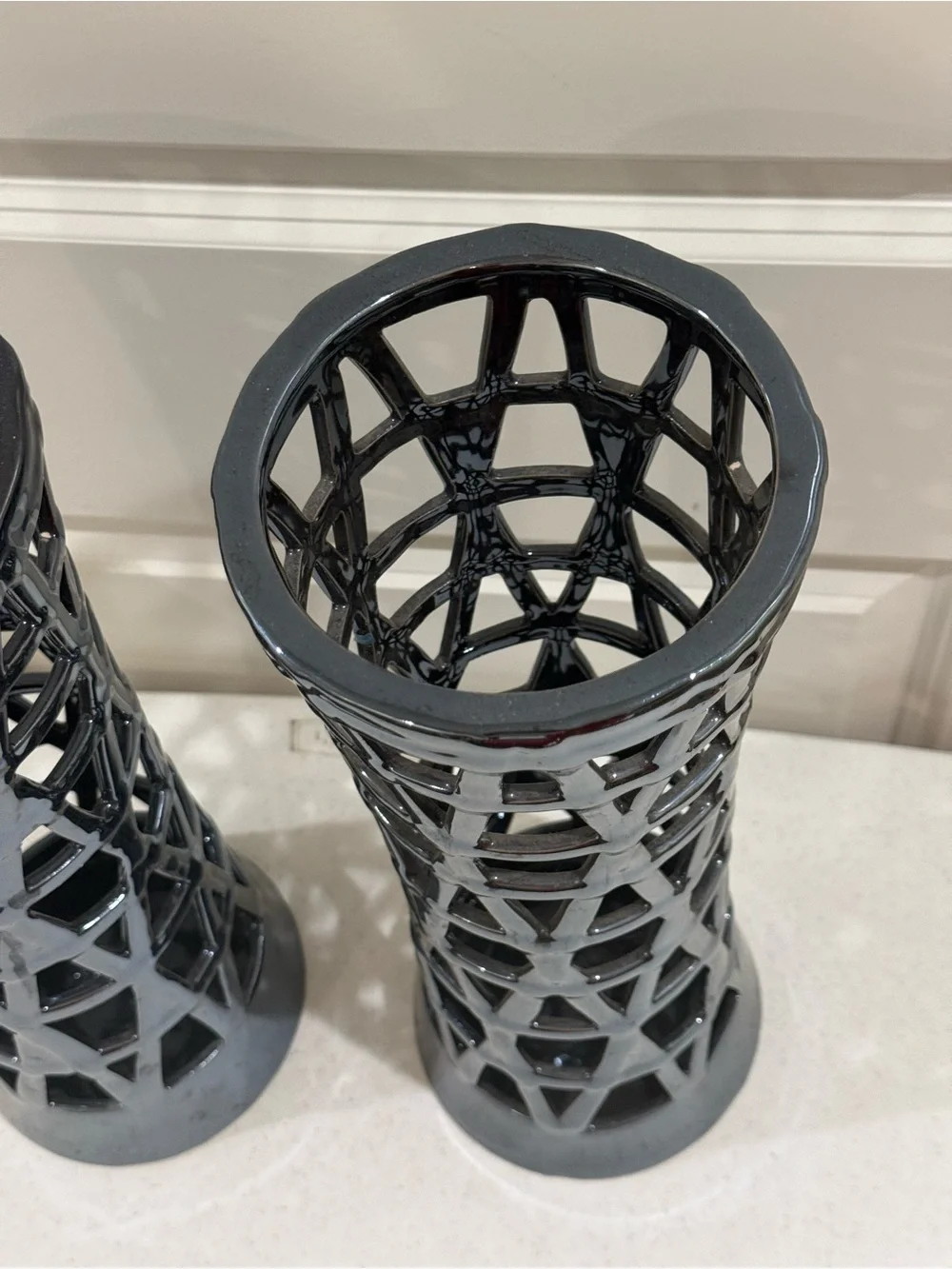 Glossy Blue Metallic Lattice Ceramic Vase Set ~ 16” H x 5.5” W